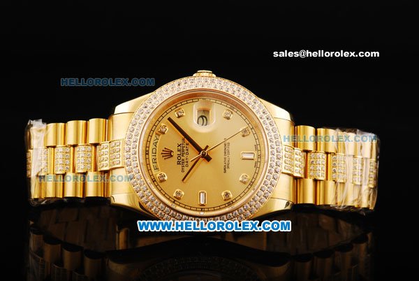 Rolex Day Date II Automatic Movement Full Gold with Double Row Diamond Bezel - Diamond Markers and Gold Dial - Click Image to Close